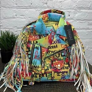 Stylish Graffiti and Fringe Motorcycle Jacket Yellow Back Pack!